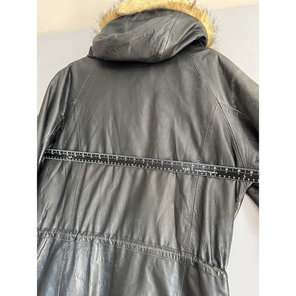 Vintage Wilsons Black Leather Coat Mens Medium Hooded Faux Fur Trim Quilted Y2K - Picture 6 of 13